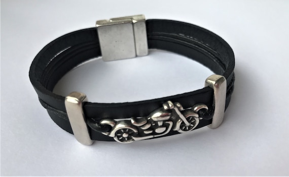 Motorcycle Leather Bracelet, Black Leather, Original Gift