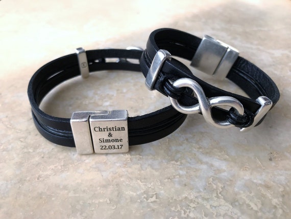 Personalized infinity Leather bracelets, his and her bracelets, anniversary gift, long distance relation