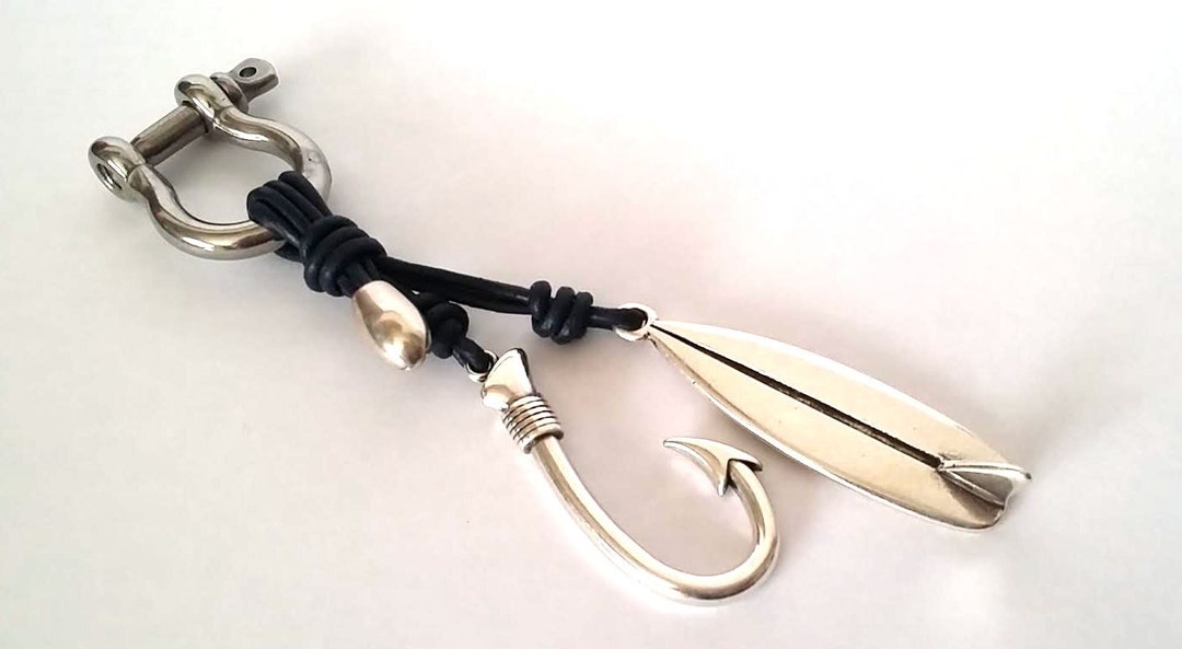 Fish Hook Keychain, Nautical Keychain, Leather Keychain, Key Lanyard ...