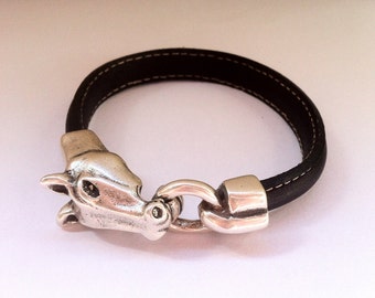 Leather Horse Bracelet, Silver Plated Equestrian Jewelry, horse lovers gift