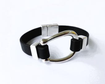Leather Stirrup Bracelet, Silver Plated bracelet for men, Equestrian Jewelry
