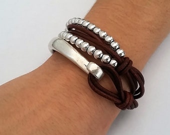 Silver beads bracelet, wrap bracelet, boho bracelet, leather bracelet, women bracelet, gift for her, gift for mom