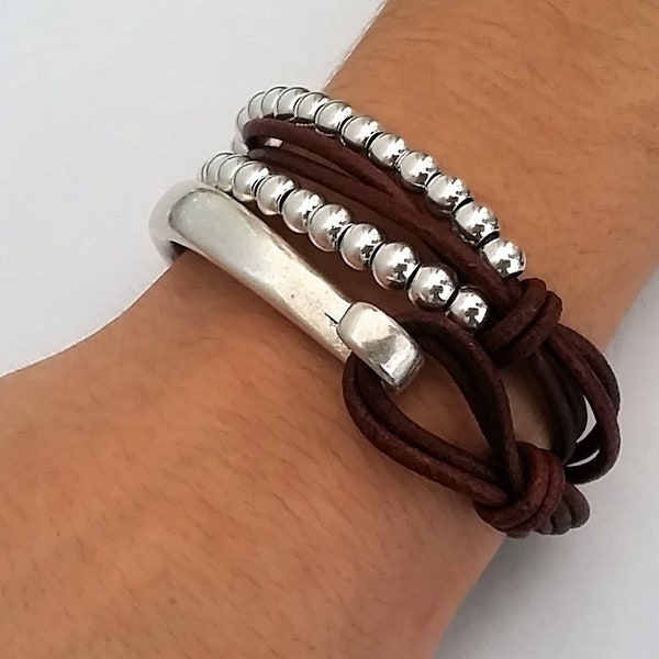 Silver beads bracelet, wrap bracelet, boho bracelet, leather bracelet, women bracelet, gift for her, gift for mom