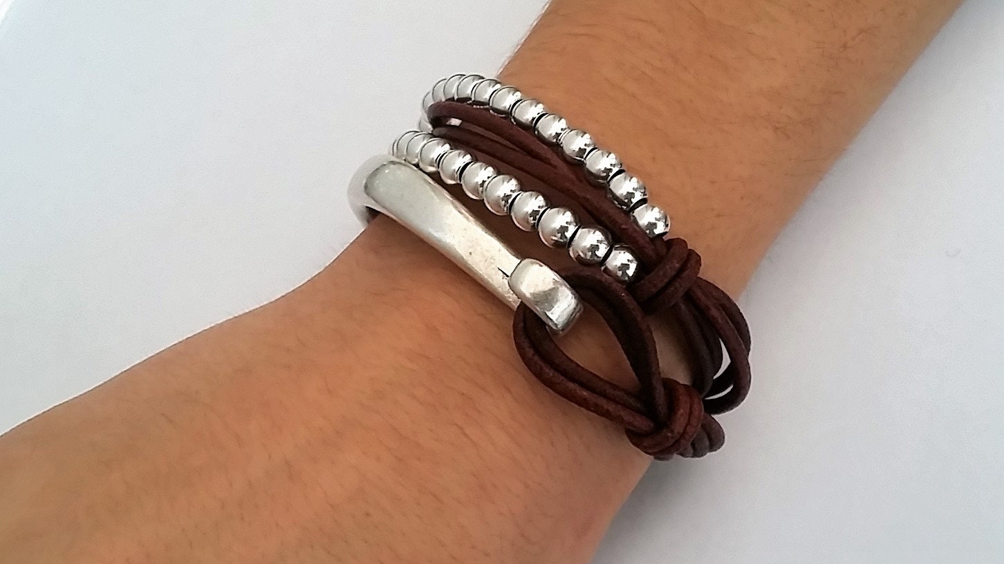 Silver Bead Leather Wrap Bracelet, Boho Women's Jewelry, brown bracelet