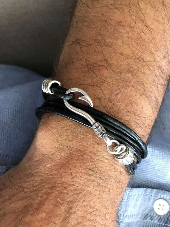 Fish Hook Bracelet, Triple Wrap Leather Bracelet, Nautical