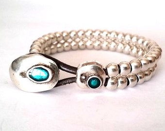 Silver Beaded Leather Bracelet, Boho Trendy Jewelry, women bracelet