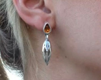 Feather Earrings, Silver pendant Earrings, Boho Earrings, Hippie Earrings, crystal earrings, Valentine's Day, gift for her