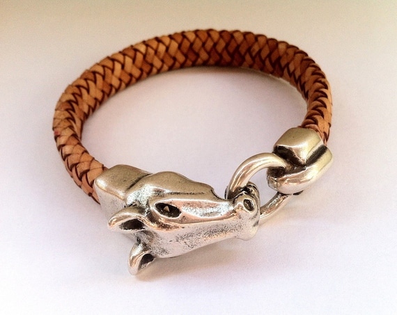 Braided Leather Horse Bracelet, Silver-Plated Equestrian Jewelry