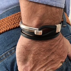 wrap leather bracelet for men&#39;s silver bracelet, Black leather bracelet, leather silver bracelet, trendy bracelet, handmade gift for men