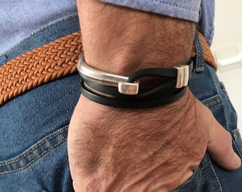 wrap leather bracelet for men&#39;s silver bracelet, Black leather bracelet, leather silver bracelet, trendy bracelet, handmade gift for men