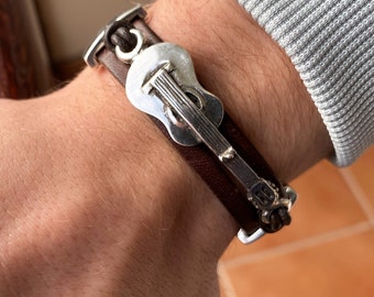 Pulsera de música, Pulsera de cuero, Pulsera de puño, Pulsera de guitarra, Pulsera de hombre, regalo para guitarrista, regalo para él, regalo del Día de la Madre