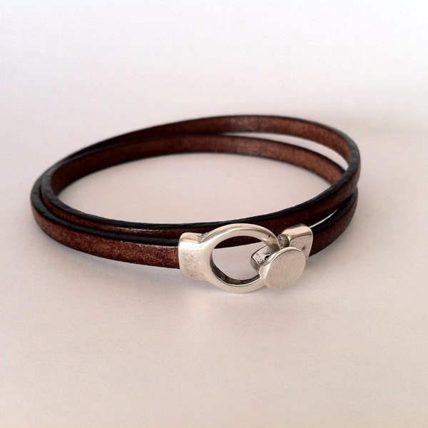 Brown Leather Wrap Bracelet, Hook Clasp bracelet, Unisex Boho Style, minimalist jewelry