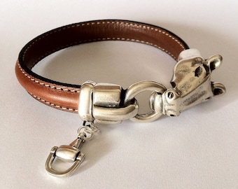 Leather Horse Bracelet, Equestrian Bit Jewelry, Silver Plated pendant bracelet, horse lovers gift