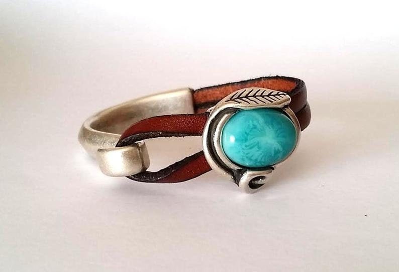 Leather silver bracelet, women leather bracelet, mens bracelet, turquoise bracelet, boho bracelet, Mother’s Day 