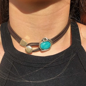 turquoise necklace, turquoise choker, bohemian necklace, choker necklace,  boho necklace, Leather necklace, handmade gift for her