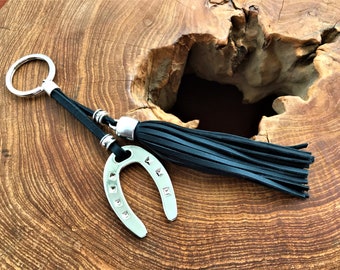 Horseshoe Keychain, Black Leather Tassel, Equestrian Gift, long keychain