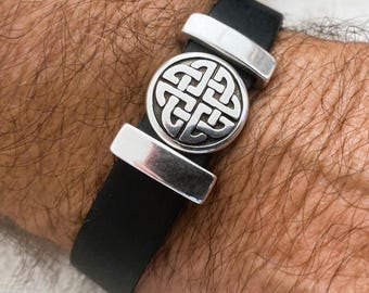 Celtic Knot Leather Bracelet, Silver Amulet, Men's Jewelry, plus size