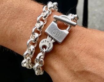 Bracelet cadenas, gros bracelet en argent, bracelet à fermoir à bascule, bracelet cadenas à clé, bracelet chaîne en argent, cadeau parfait pour elle