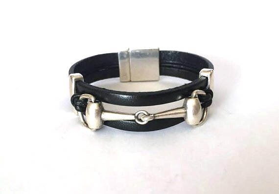 Snaffle Bit Leather Bracelet, Silver Plated Equestrian Jewelry, horse lovers bracelet