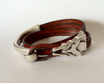Wolf Bracelet, Unisex Brown Leather Wrap Bracelet with Silver clasp