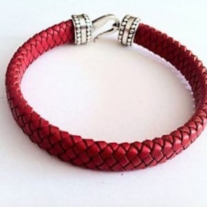 Braided Red Leather Bracelet for Men: Silver-Plated Hook Clasp