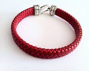 braided leather bracelet for men, boho bracelet, Boyfriend gift, plus size, simple bracelet, gift for him, red bracelet, hook clasp