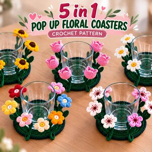 Patrón de posavasos de ganchillo desplegable / Posavasos florales 5 en 1 en PDF / Posavasos de flores 3D / Decoración única para el hogar en ganchillo / Descarga digital