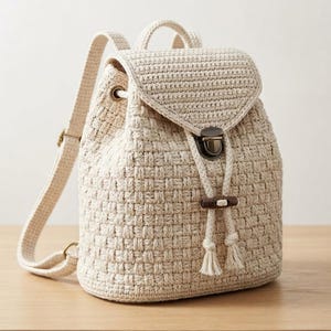 May include: A cream-colored crochet backpack featuring a woven basket-weave texture, a top flap with a metallic push-lock closure, and a drawstring cord with two small tassels and a wooden toggle. The bag includes two adjustable shoulder straps.