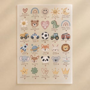 Könnte beinhalten: Ein rechteckiges Poster mit einem Raster aus dreißig farbenfrohen Illustrationen, darunter Tiere, Fahrzeuge, Himmelskörper und Symbole. Jedes Symbol ist mit deutschen Textphrasen wie Best Friends, Kleiner Held und Mut tut gut versehen.