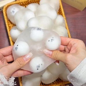 Puede incluir: Una colección de juguetes de silicona redondos, translúcidos y blandos, cada uno con una pequeña figura de foca blanca con ojos y nariz negros. Los juguetes están en una cesta tejida rectangular y uno se estira para mostrar su textura flexible.