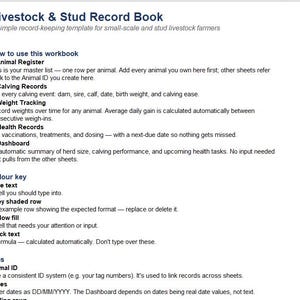 Pode incluir: Um modelo digital de Livestock & Stud Record Book com instruções para um registo de animais, partos, controlo de peso, registos de saúde e um painel de controlo. Inclui uma legenda de cores para texto azul, cinzento, amarelo e preto.