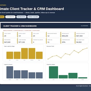 Op de afbeelding: Een digitaal Excel-dashboard getiteld Ultimate Client Tracker & CRM Dashboard van NexolioStudio. Het bevat gegevenstabellen voor klanten, leads en omzet, naast gele staafdiagrammen, een lijngrafiek voor omzettrends en groene statusbalken.