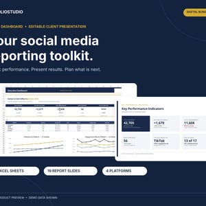 May include: A digital social media reporting toolkit featuring an Excel dashboard and editable presentation slides. The interface displays key performance indicators, follower growth charts, and engagement metrics across four platforms.