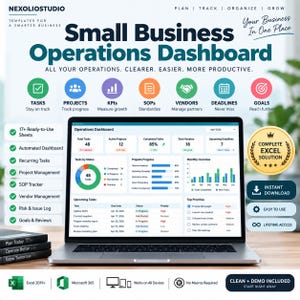 Può includere: Uno schermo di un portatile mostra una dashboard per le operazioni di piccole imprese con grafici, elenchi di attività e avanzamento dei progetti. L'interfaccia include sezioni per attività, progetti, KPI, SOP, fornitori, scadenze e obiettivi. Testo: "Nexoliostudio".