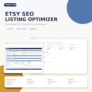 May include: An Etsy SEO listing optimizer Excel toolkit featuring 14 sheets, clean and demo versions, and no macros. The interface displays a title builder, performance metrics, and revenue charts. Text includes Keywords, Titles, Audit, and Track labels.