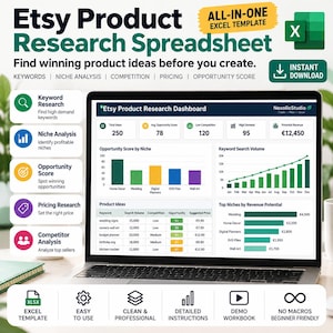 Puede incluir: Una pantalla de ordenador portátil que muestra un panel de hoja de cálculo de investigación de productos de Etsy con visualizaciones de datos, incluidos gráficos de barras y tablas para investigación de palabras clave, análisis de nicho y precios.
