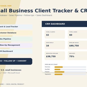 Può includere: Un modello di foglio di calcolo digitale Small Business Client Tracker and CRM per Microsoft Excel. L'interfaccia mostra una dashboard CRM con metriche per il totale dei clienti, lead, trattative aperte, valore della pipeline e tasso di vincita.