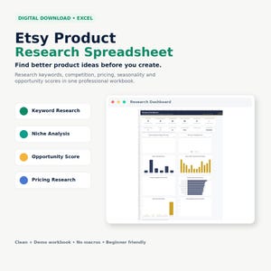 May include: A digital Excel spreadsheet for Etsy product research featuring a dashboard with charts and data tables. The text includes "Etsy Product Research Spreadsheet," "Keyword Research," "Niche Analysis," "Opportunity Score," and "Pricing Research."