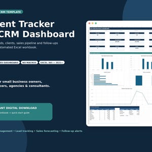 Könnte beinhalten: Eine Excel-CRM-Vorlage mit Kunden-Tracker und Dashboard. Die Benutzeroberfläche zeigt Leistungskennzahlen, Balkendiagramme und Liniendiagramme für Umsatzprognosen. Der Text umfasst "Client Tracker & CRM Dashboard" sowie "Automated Dashboard".