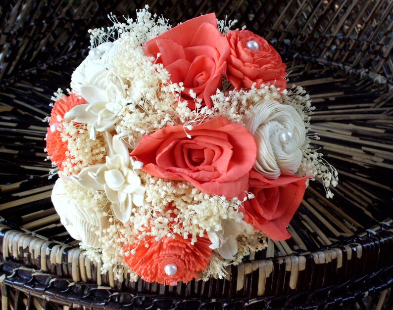 Coral and cream bridal bouquet beach bouquet sola flower bouquet rustic wedding rustic bouquet beach wedding keepsake bouquet