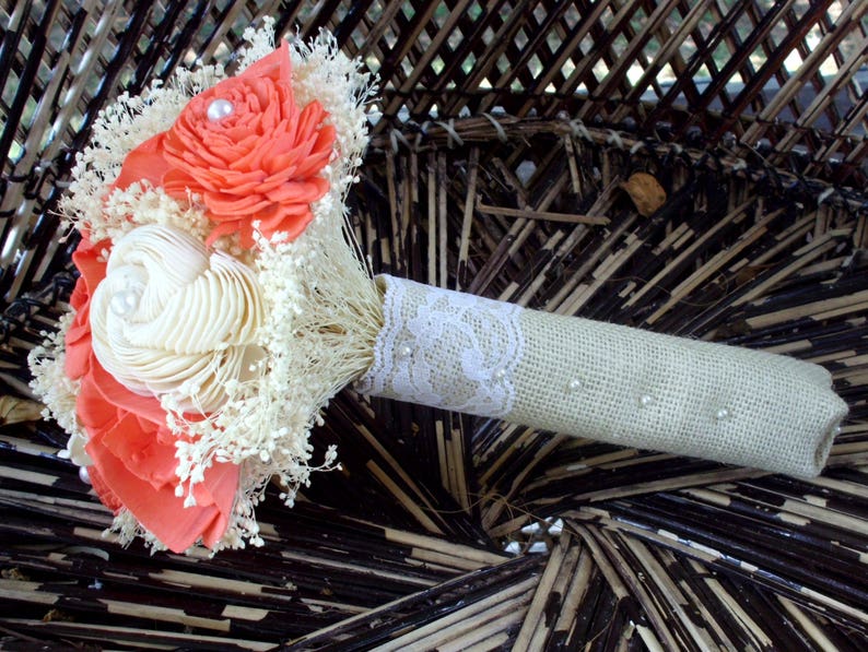 Coral and cream bridal bouquet beach bouquet sola flower bouquet rustic wedding rustic bouquet beach wedding keepsake bouquet