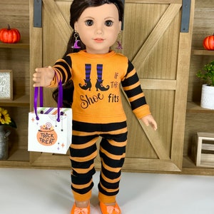 3 Piece Halloween Costume for 18-inch Dolls,&quot; If the Shoe Fits&quot;, Knit Top, Pants & Treat Bag, Halloween PJs for Dolls, Gift for Doll Lovers
