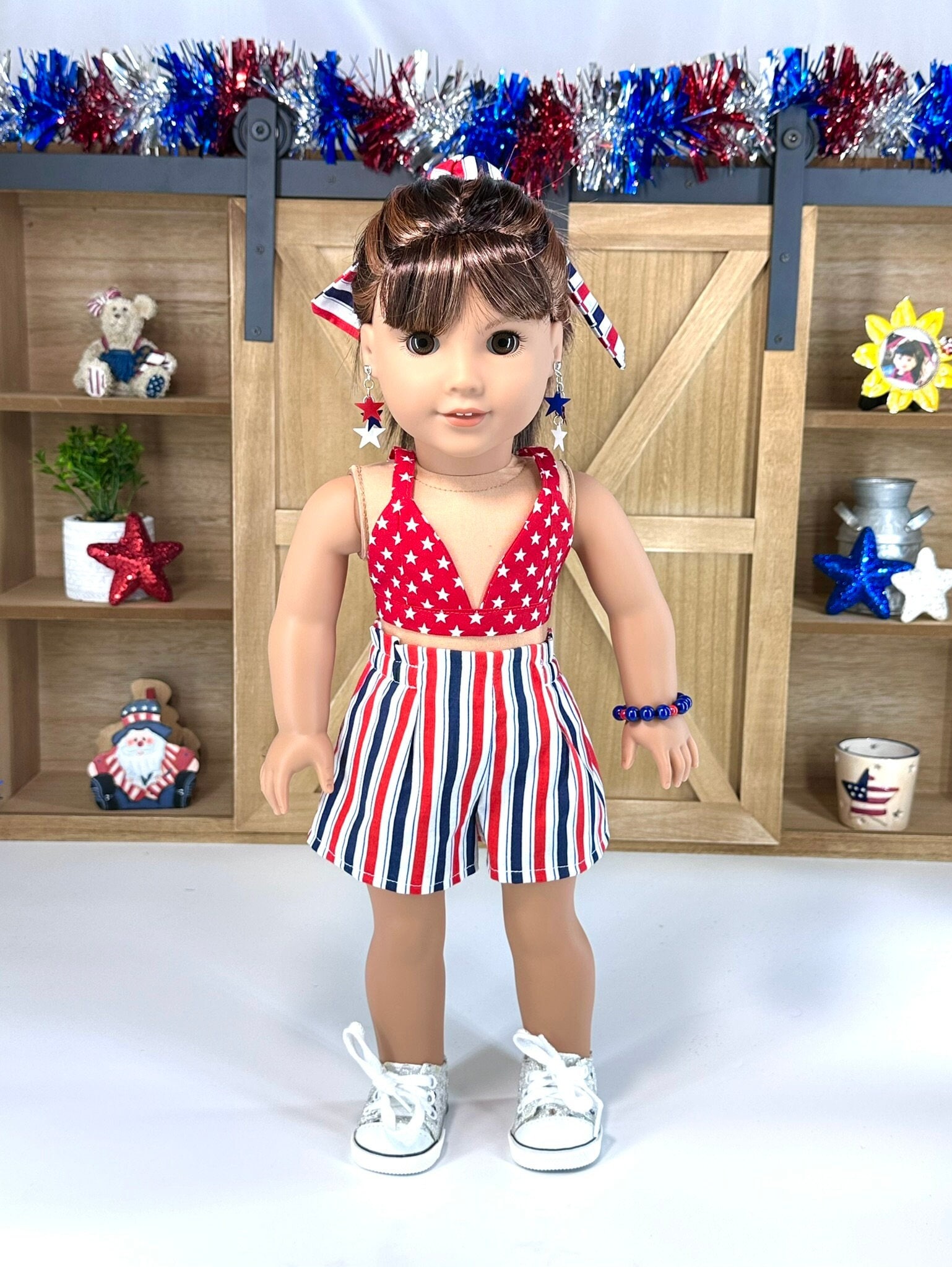 Fits 18-inch Dolls, a Patriotic Star Print Bralette Top, Red White, and Navy Blue Stripe Shorts, & Matching Hair Tie, Clothes for Dolls