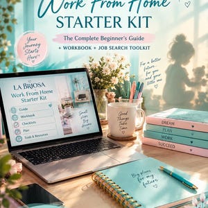 May include: A Work From Home Starter Kit by La Briosa featuring a laptop displaying a digital guide, a white mug with text, a stack of four pastel-colored notebooks labeled Dream, Plan, Work, Succeed, and a spiral-bound planner with a pen.
