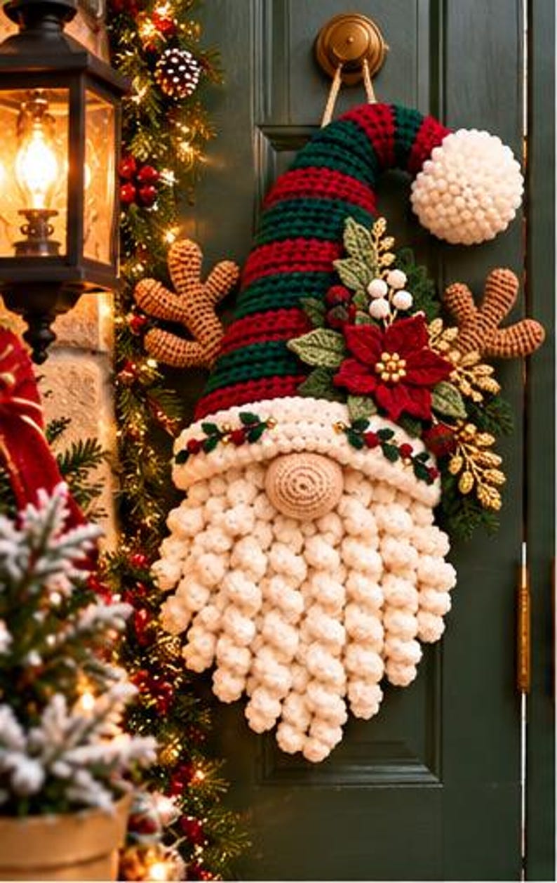 Crochet Christmas Gnome Pattern PDF, Santa Door Hanger, Bobble Beard ...