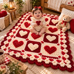 May include: A square crochet blanket featuring a repeating grid pattern of alternating deep red and cream-coloured squares, each decorated with a textured heart motif. The blanket is finished with a scalloped border of small cream flowers.
