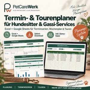 Könnte beinhalten: Ein digitales Planungssystem für Hundesitter und Gassi-Services mit Excel- und Google Sheets-Vorlagen für Monatskalender, Wochenpläne und Touren. Die Benutzeroberfläche zeigt Dashboards, Terminlisten und Diagramme auf einem Laptop-Bildschirm und ausgedruckten Dokumenten, ergänzt durch eine braune Leine und Pfoten-Symbole.