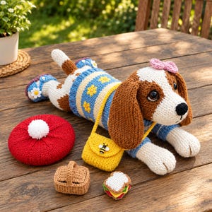 May include: A crocheted beagle toy wearing a blue and yellow sweater with flower patterns, a pink bow, and blue shoes. It carries a yellow crossbody bag with a bee emblem. Nearby are a red beret, a small brown basket, and a miniature sandwich.