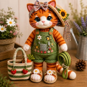May include: A crocheted orange tabby cat doll wearing a straw hat with a sunflower, a green overall with garden embroidery, and daisy sandals. The cat holds a coiled green rope and stands next to a striped crochet basket containing a carrot.