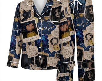 Coraline Film Satijnen Pyjama Set, Donkere Fantasy Zijden Pyjama, Leuke Gotische Horror Nachtkleding, Lange Mouwen Halloween Verjaardagscadeau voor Haar